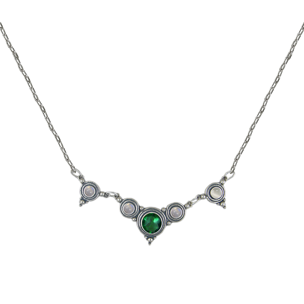 Sterling Silver Gemstone Necklace With Green And Rainbow Moonstone